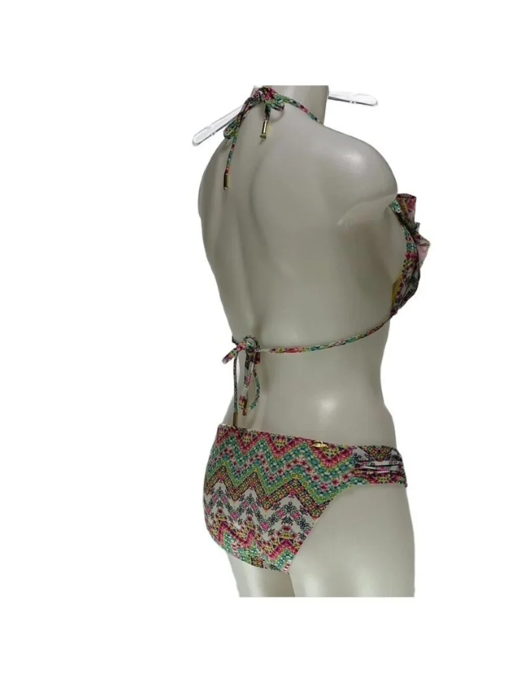 Jessica Simpson Ruffle Halter Bikini Set With Chevron & Floral Print XL